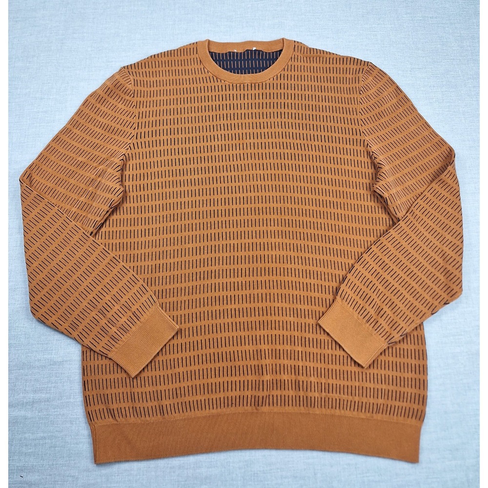 COS Mens Orange Navy Blue Geometric Dash Cotton Crewneck Pullover Sweater L